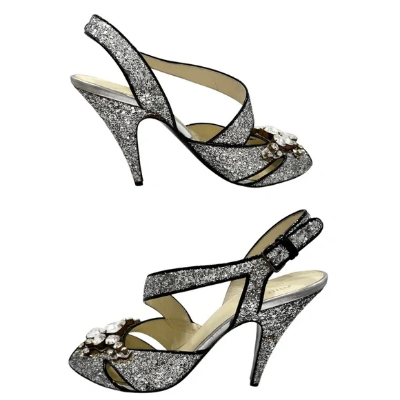 MIU MIU 2006 RUNWAY SILVER GLITTER STILETTO SANDALS w/CRYSTAL EMBELLISHMENTS